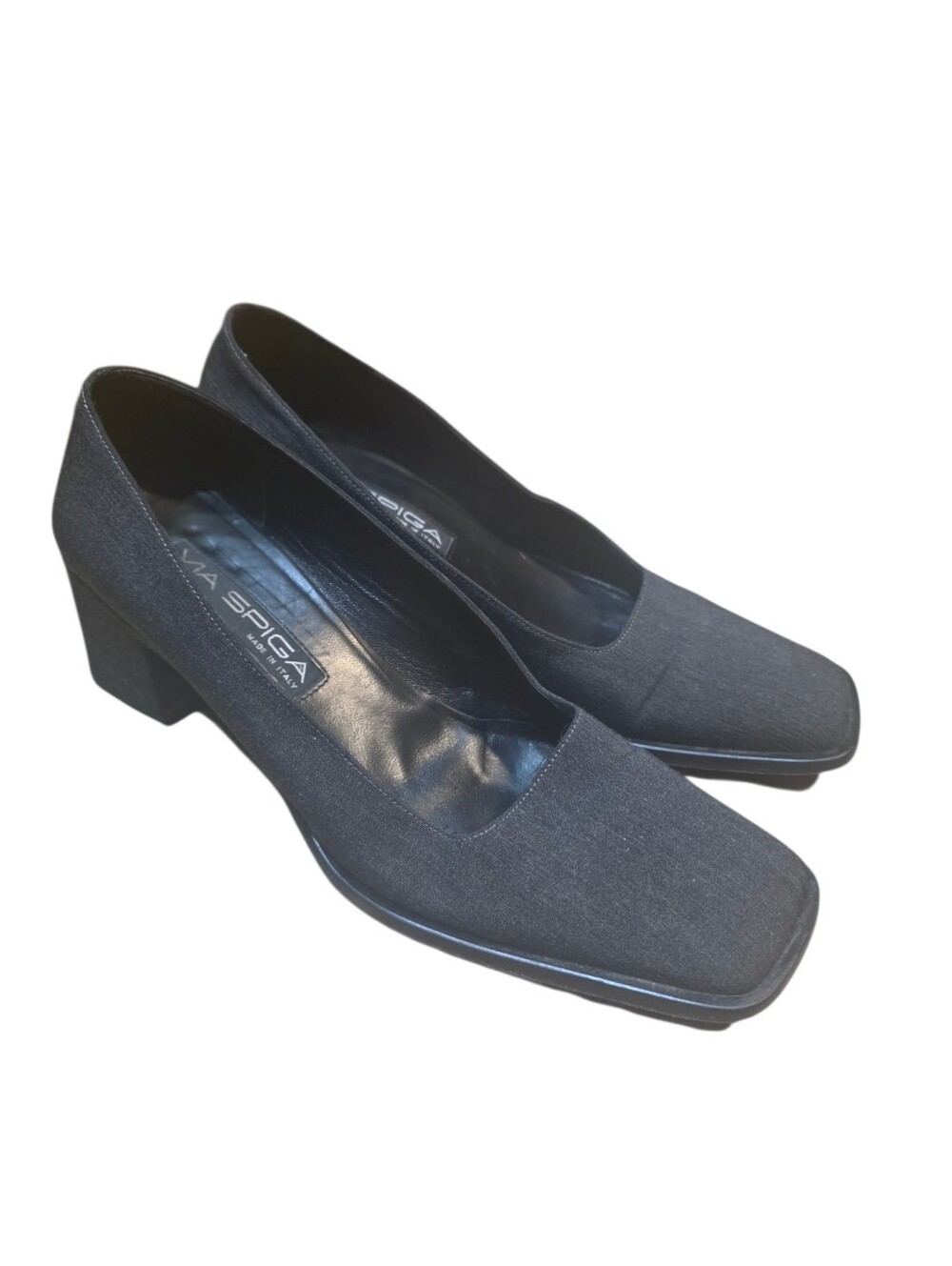 ​Vintage Via Spiga Italy Dark Canvas Archival Square Toe Block Heel Pumps 8M